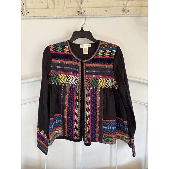 Harper And Sloane Small Black Embroidered Boho Jacket Open Front Gold Details - Picture 1 of 10